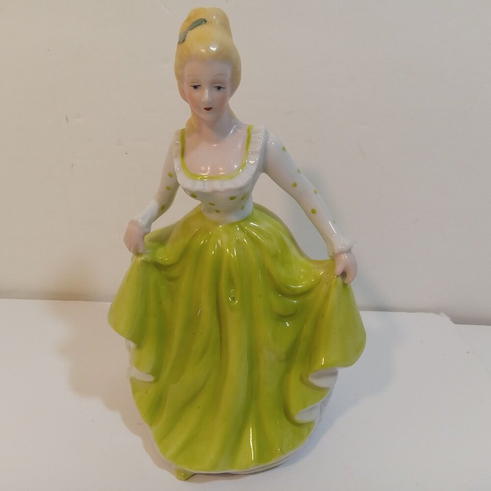 VTG Porcelain Victorian Lady Dancing In Green Skirt White Green Polka Dot Top 8"